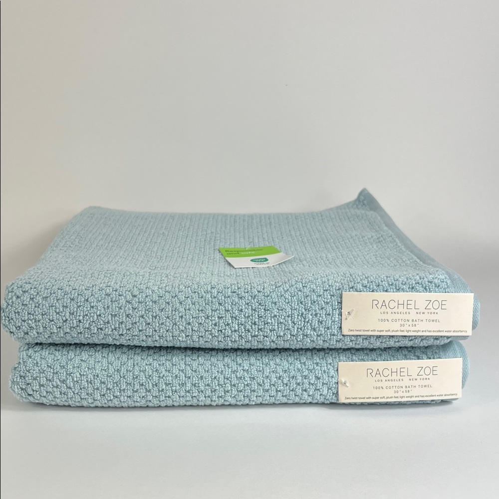 2 Pc Rachel Zoe Bath Towels Oversized Light Blue Ribbed Soft 100% Cotton NEW